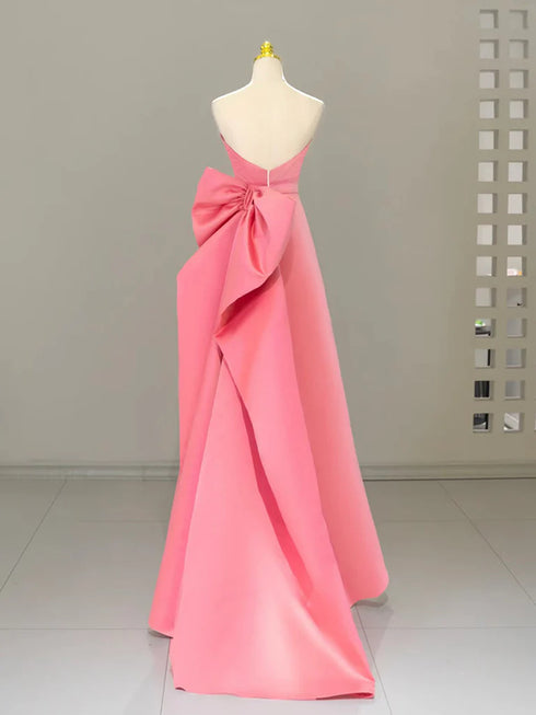 Pink Satin Strapless Prom Dress with Bow, A-line Pink Satin Evening Dress