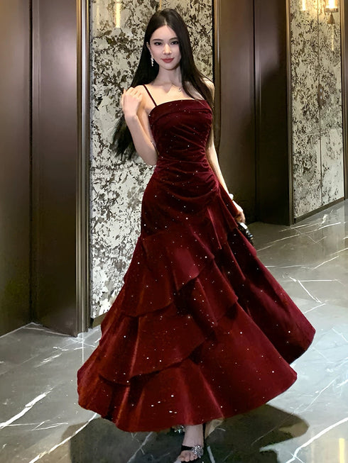 Wine Red Velvet Straps Long Prom Dress, Wine Red Floor Length Party Dress Formal Dress