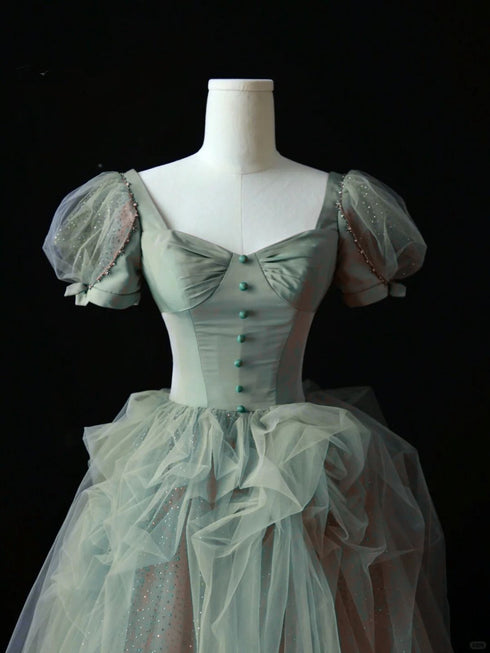 Cute Green and Pink Short Sleeves Long Party Dress, A-line Tulle Formal Dress Evening Dress