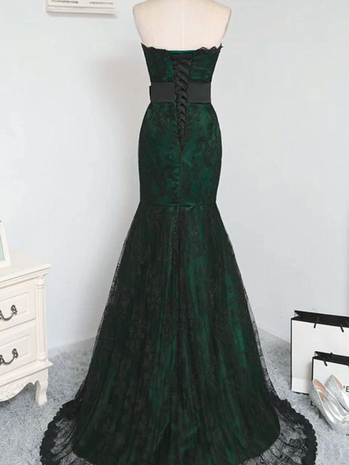Emerald Green Mermaid Prom Dress with Black Lace Prom Dress, Strapless Green Lace Formal Dress