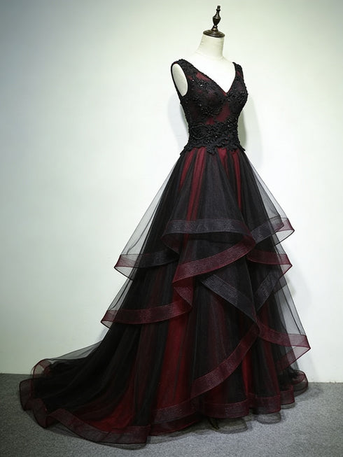 A-line Black and Red Gothic Prom Dress, V-neckline Beaded Lace Long Party Dress