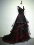 A-line Black and Red Gothic Prom Dress, V-neckline Beaded Lace Long Party Dress