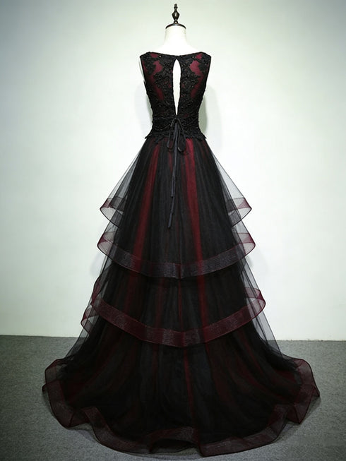 A-line Black and Red Gothic Prom Dress, V-neckline Beaded Lace Long Party Dress