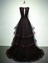 A-line Black and Red Gothic Prom Dress, V-neckline Beaded Lace Long Party Dress
