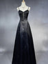 Black Satin Spaghetti Strap Maxi Dress, Sleeveless Black Satin Prom Dress with Embroidery