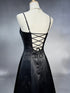 Black Satin Spaghetti Strap Maxi Dress, Sleeveless Black Satin Prom Dress with Embroidery