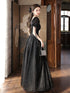 A-line Sequin Fairy Gown Short Sleeves Black Maxi Dress, Sparkly Tulle Black Prom Gown