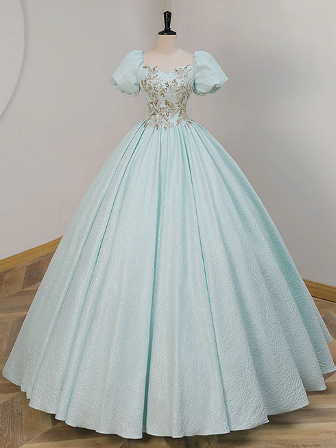 Light Blue Short Sleeves Long Prom Dress with Lace, Light Blue Sweetheart Party Dress