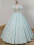 Light Blue Short Sleeves Long Prom Dress with Lace, Light Blue Sweetheart Party Dress