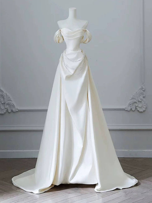 Ivory Satin Sweetheart Long Party Dress with Beadings, Ivory Wedding Party Dress