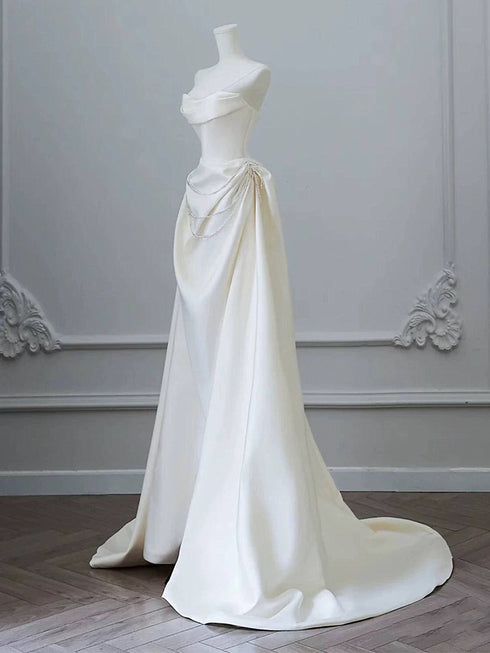 Ivory Satin Sweetheart Long Party Dress with Beadings, Ivory Wedding Party Dress