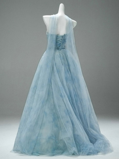 A-line Light Blue Floral Fairytale Tulle Prom Dress, Beaded Scoop Long Party Dress
