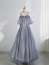 Off-Shoulder Glitter Blue Tulle A-Line Evening Dress, Blue Prom Dress with Puff Sleeves