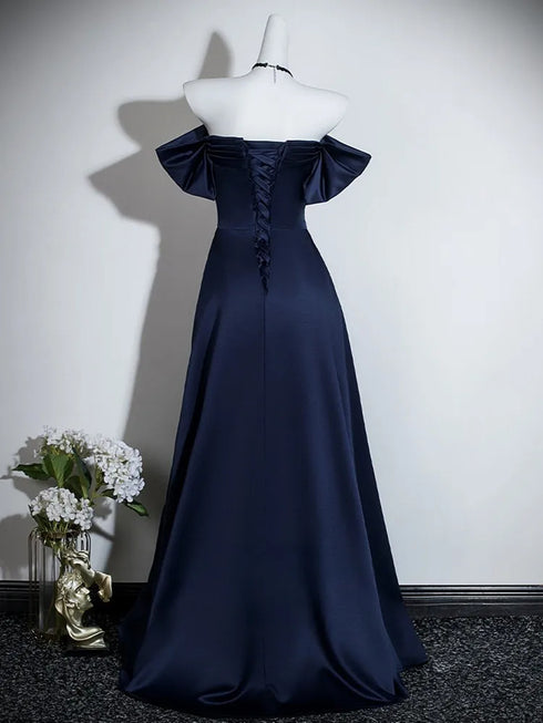 Navy Blue Satin A-line Off Shoulder Prom Dress, Blue Satin Sweetheart Party Dress