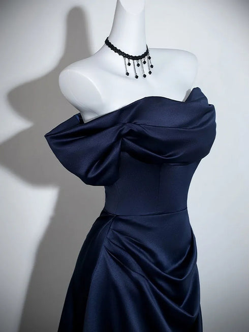 Navy Blue Satin A-line Off Shoulder Prom Dress, Blue Satin Sweetheart Party Dress