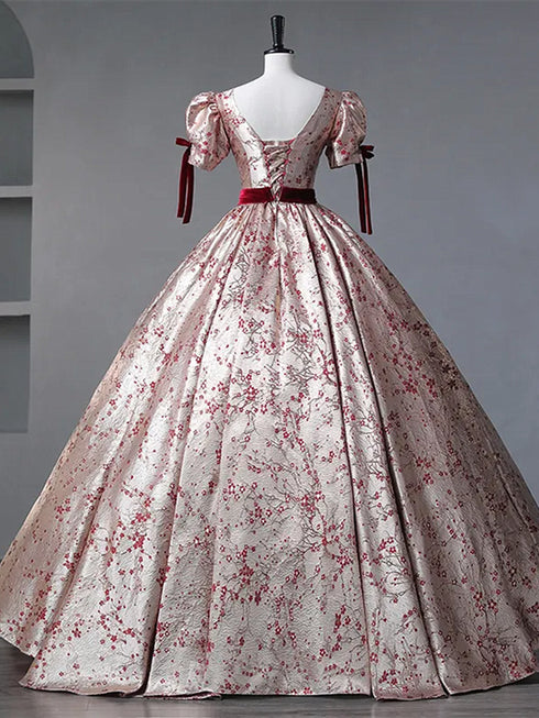 Floral Princess Gown with Burgundy Bows And Puff Sleeves, V-neckline Prom Dress Formal Dress