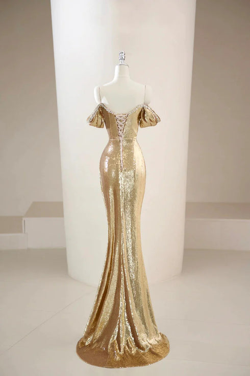 Gold Sequins Sweetheart Beaded Long Prom Dress, Gold Evening Dress Formal Dress