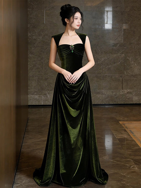 Elegant Emerald Green Velvet Evening Gown,Sleeveless Ruched Prom Dress Party Dress