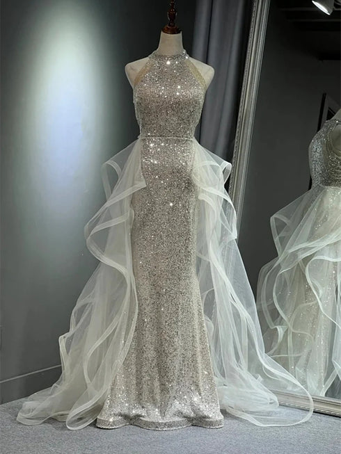 White Tulle and Sequins Long Prom Dress, Halter A-line Party Dress Formal Dress