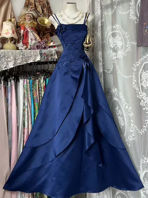 Blue Satin Straps Long Formal Dress Party Dress, Blue Prom Dress with Lace Applique