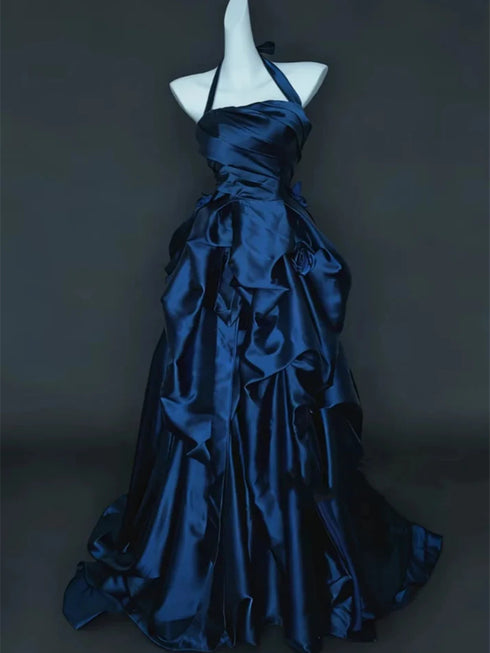 Elegant Navy Blue Taffeta Ruffled Prom Dress, Navy Blue Halter Party Dress Evening Dress