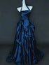 Elegant Navy Blue Taffeta Ruffled Prom Dress, Navy Blue Halter Party Dress Evening Dress