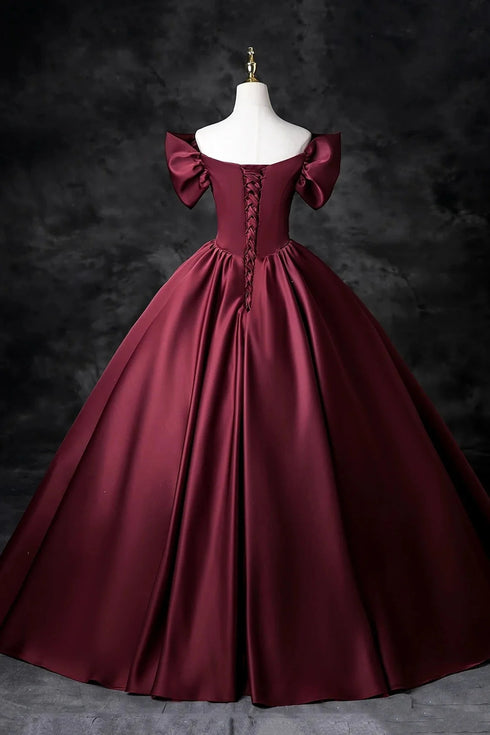 Wine Red Satin Off Shoulder Prom Dress Party Dress, A-line Satin Evening Dress