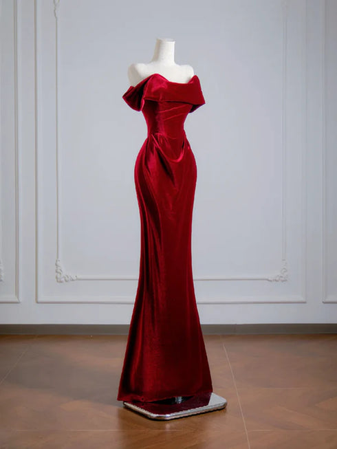 Wine Red Velvet Mermaid Off Shoulder Long Prom Dress, Wine Red Wedding Party Dress