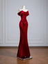 Wine Red Velvet Mermaid Off Shoulder Long Prom Dress, Wine Red Wedding Party Dress