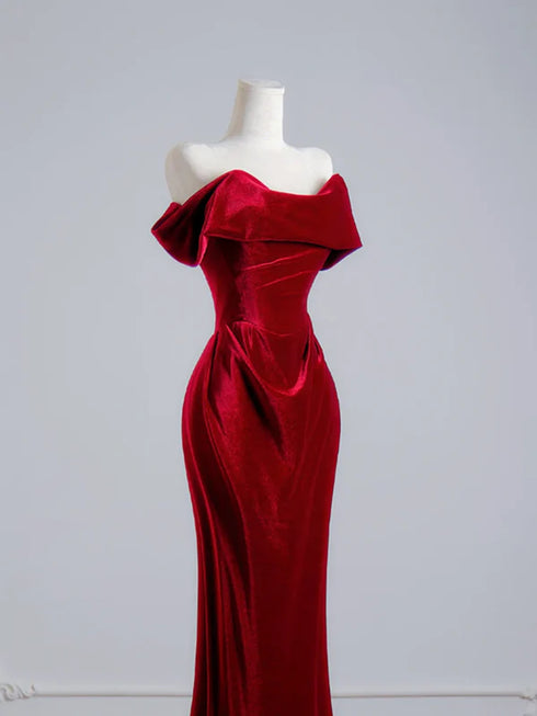 Wine Red Velvet Mermaid Off Shoulder Long Prom Dress, Wine Red Wedding Party Dress