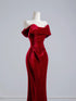 Wine Red Velvet Mermaid Off Shoulder Long Prom Dress, Wine Red Wedding Party Dress