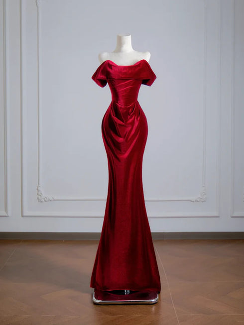 Wine Red Velvet Mermaid Off Shoulder Long Prom Dress, Wine Red Wedding Party Dress