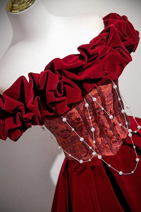 Wine Red Velvet Off Shoulder Prom Dress with Ruffle, Wine Red A-line Party Dress