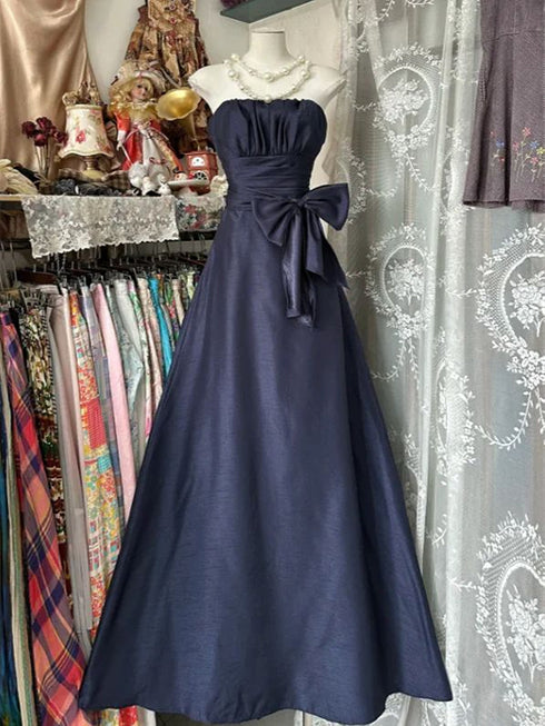 Elegant Navy Blue Strapless A-Line Prom Dress, Navy Blue Ruched Long Formal Dress