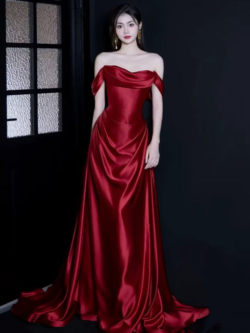Wine Red A-line Ruch Satin Prom Dress Party Dress, Off Shoulder Wine Red Evening Dress