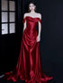 Wine Red A-line Ruch Satin Prom Dress Party Dress, Off Shoulder Wine Red Evening Dress