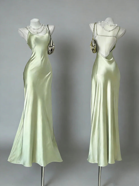 Light Green Satin Backless Long Prom Dress, Light Green Evening Party Dress