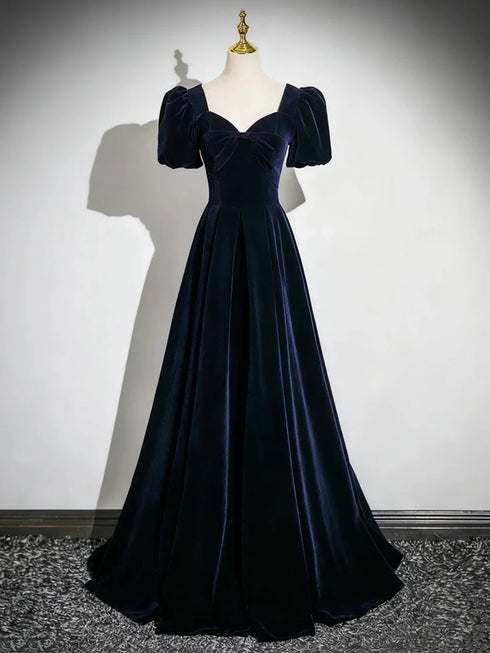 A-line Navy Blue Velvet Long Prom Dress, Navy Blue Sweetheart Party Dress Evening Dress
