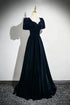 A-line Navy Blue Velvet Long Prom Dress, Navy Blue Sweetheart Party Dress Evening Dress
