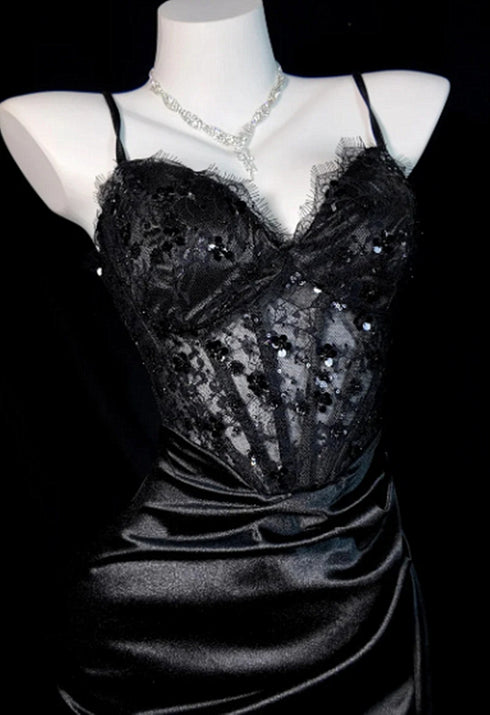 Sexy Spaghetti Strap Ruched Formal Dress Prom Dress, Black Satin Evening Gown with High Slit