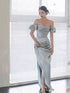 Elegant Off-Shoulder Blue Prom Dress, Off Shoulder Mermaid Long Satin Party Dress
