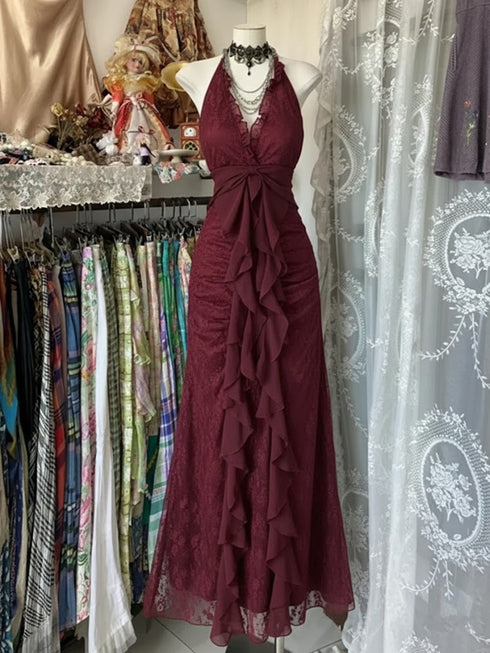 Wine Red Lace Halter A-line Prom Dress, V-neckline Floor Length Ruffle Party Dress
