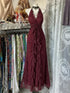 Wine Red Lace Halter A-line Prom Dress, V-neckline Floor Length Ruffle Party Dress