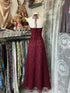 Wine Red Lace Halter A-line Prom Dress, V-neckline Floor Length Ruffle Party Dress