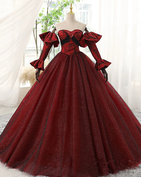 Off-Shoulder Glitter Tulle Prom Gown with Long Sleeves, Black and Red Princess Ball Gown