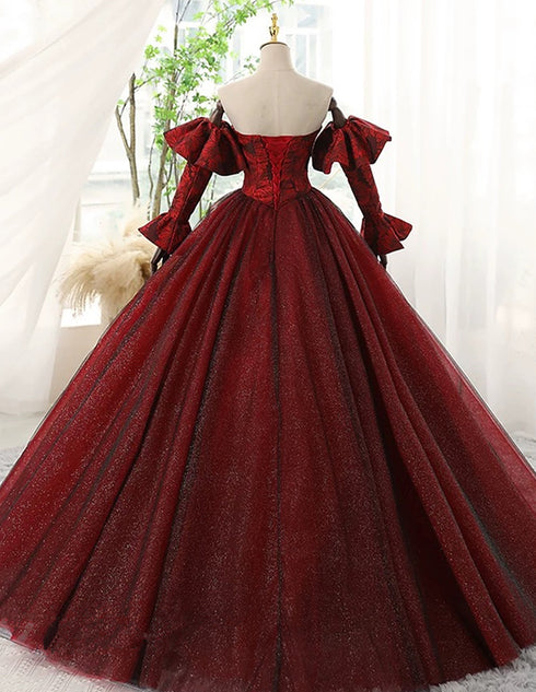 Off-Shoulder Glitter Tulle Prom Gown with Long Sleeves, Black and Red Princess Ball Gown