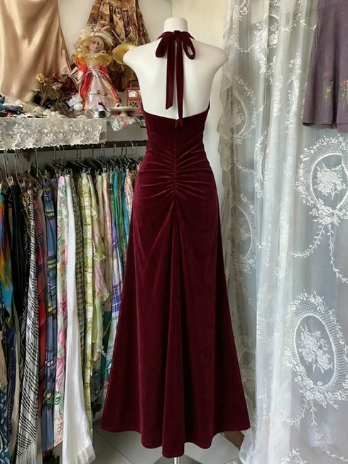 Wine Red Halter Low Back Velvet Prom Dress, Wine Red A-line Party Dress Evening Gowns