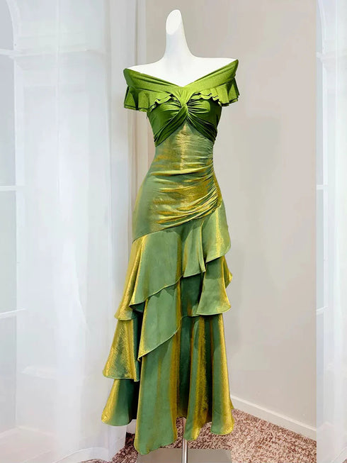 Chic Mermaid Off Shoulder Layers Prom Dress, Green Satin Evening Dress Party Dress