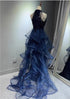 Sparkly Sequins Blue Off Shoulder Prom Dress with Ruffled Tulle, A-line Long Blue Party Dress