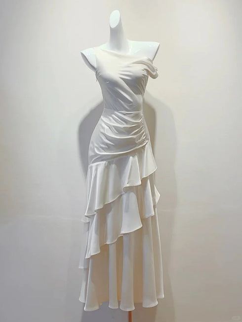White Satin Layers Long Graduation Dress, White Floor Length Wedding Party Dress